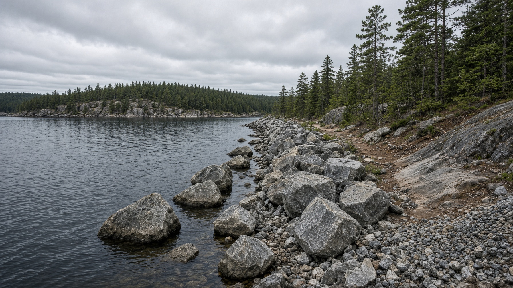 Armour stone shoreline retaining wall on a Northern Ontario lake