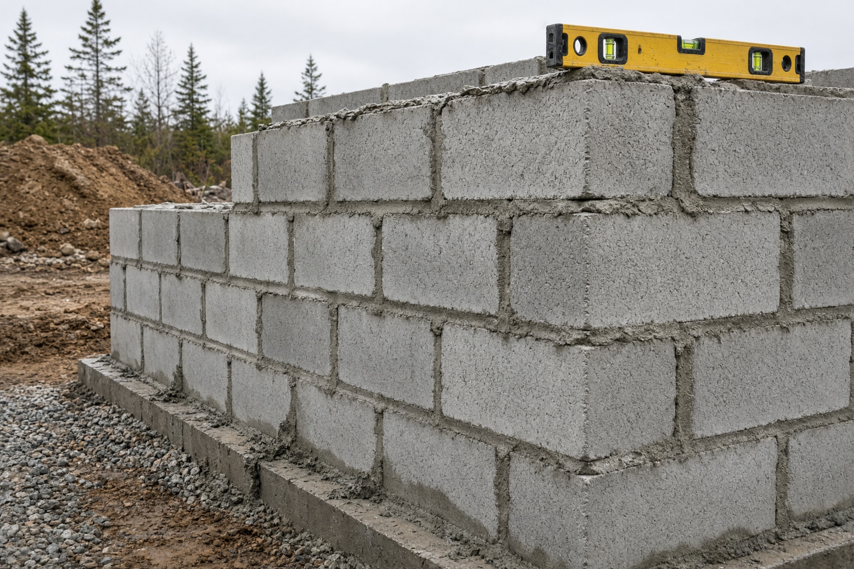 Concrete block wall being laid with true corners and mortar joints