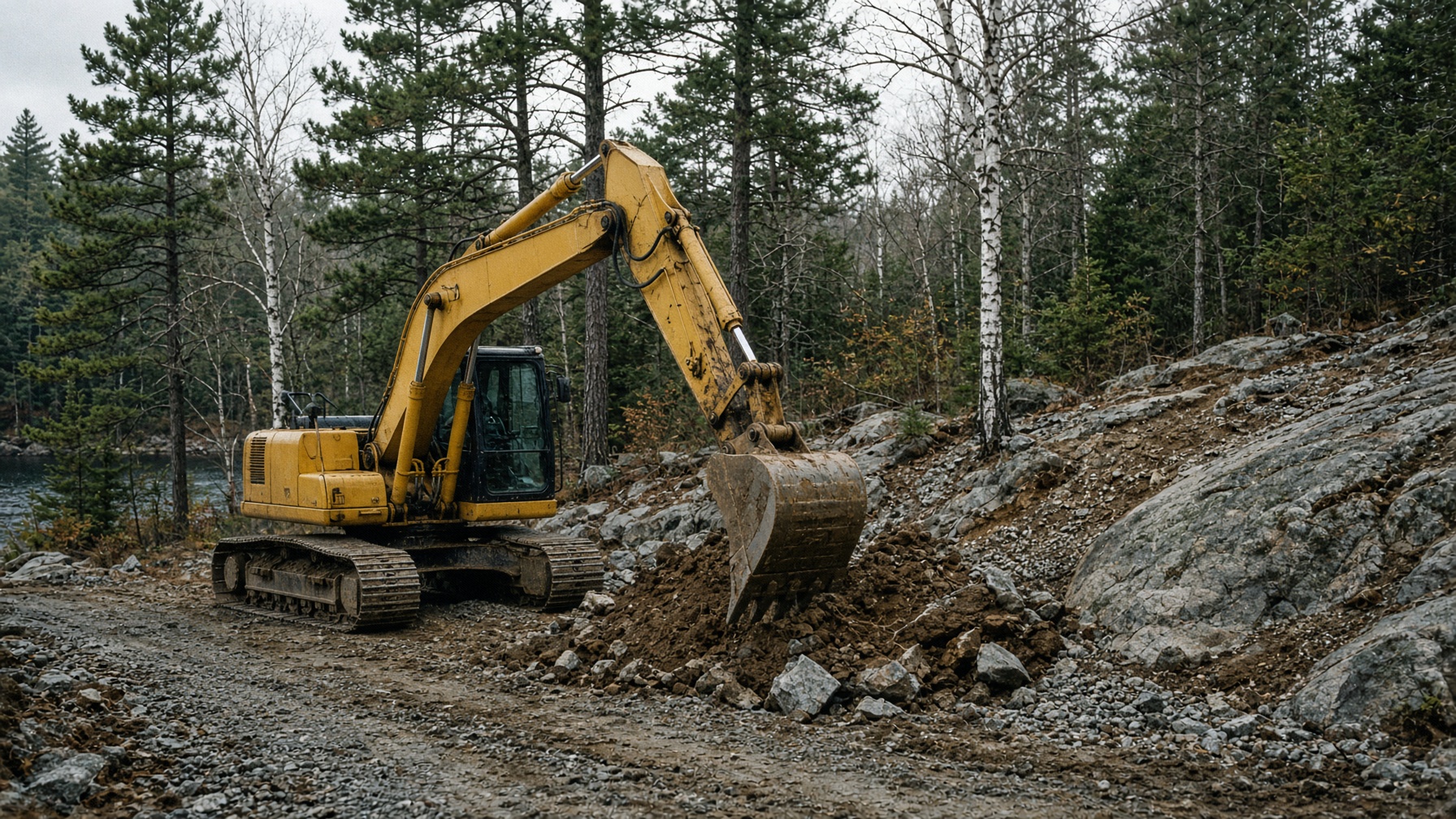 Excavator working a Canadian Shield cottage lot in Northern Ontario