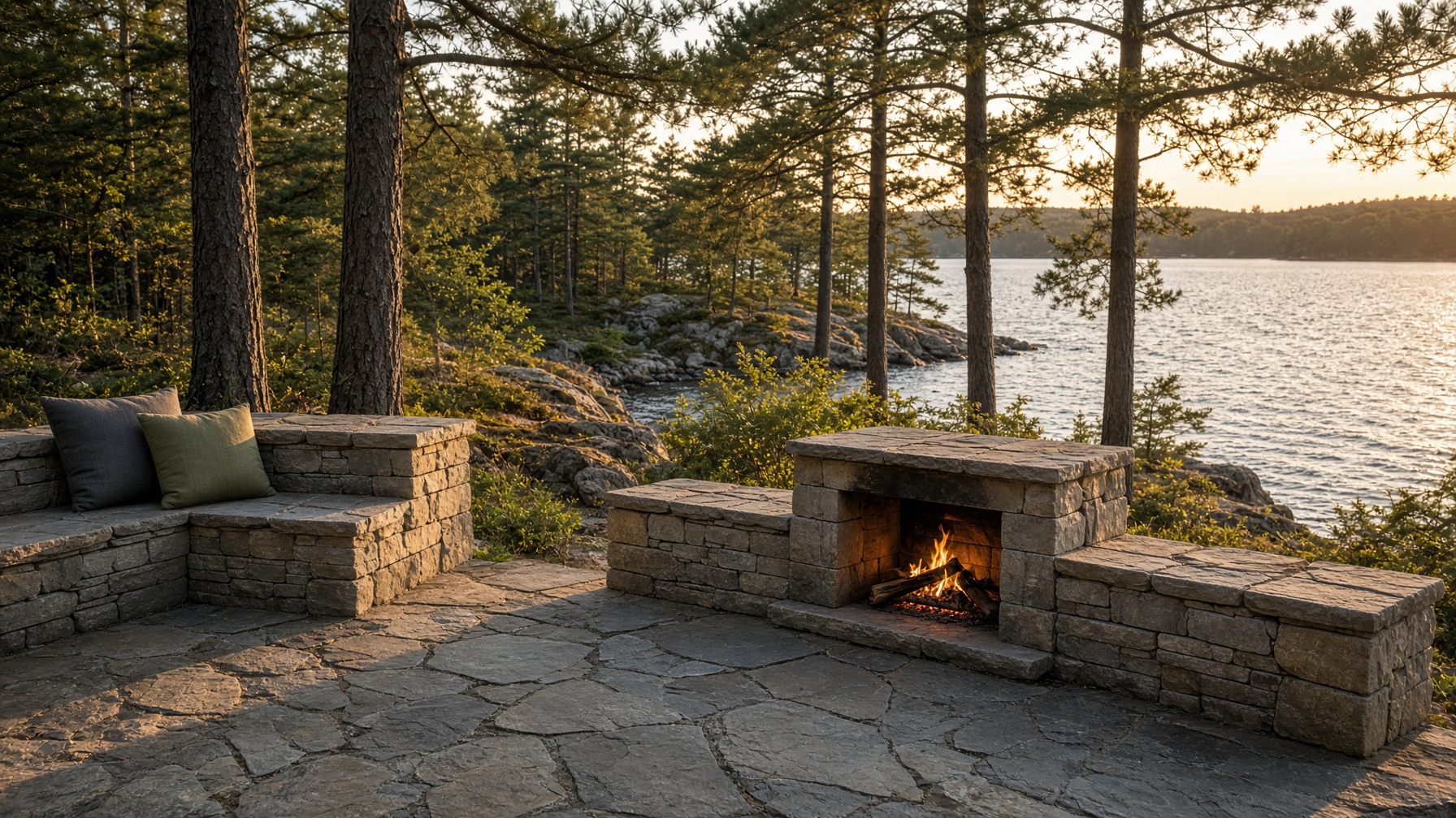 Stone patio and outdoor fire overlooking a Northern Ontario lake