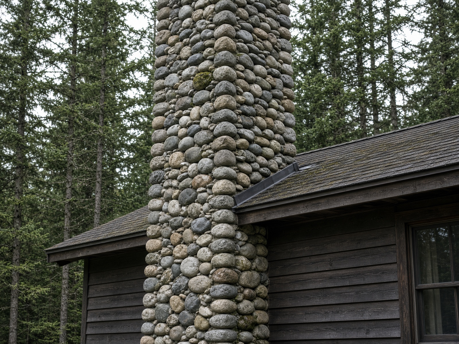 River-rock masonry chimney stacked from rounded stone on a Northern Ontario cottage