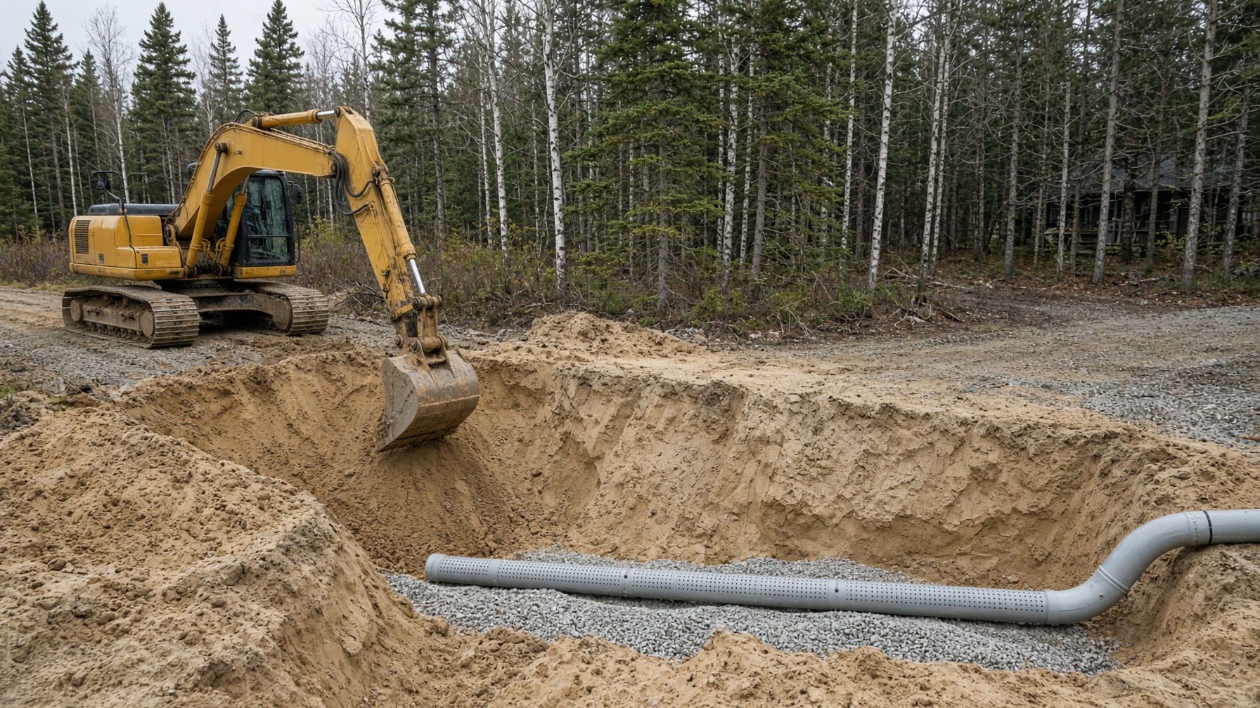 Excavator opening a septic leaching bed on a rural Northern Ontario cottage lot