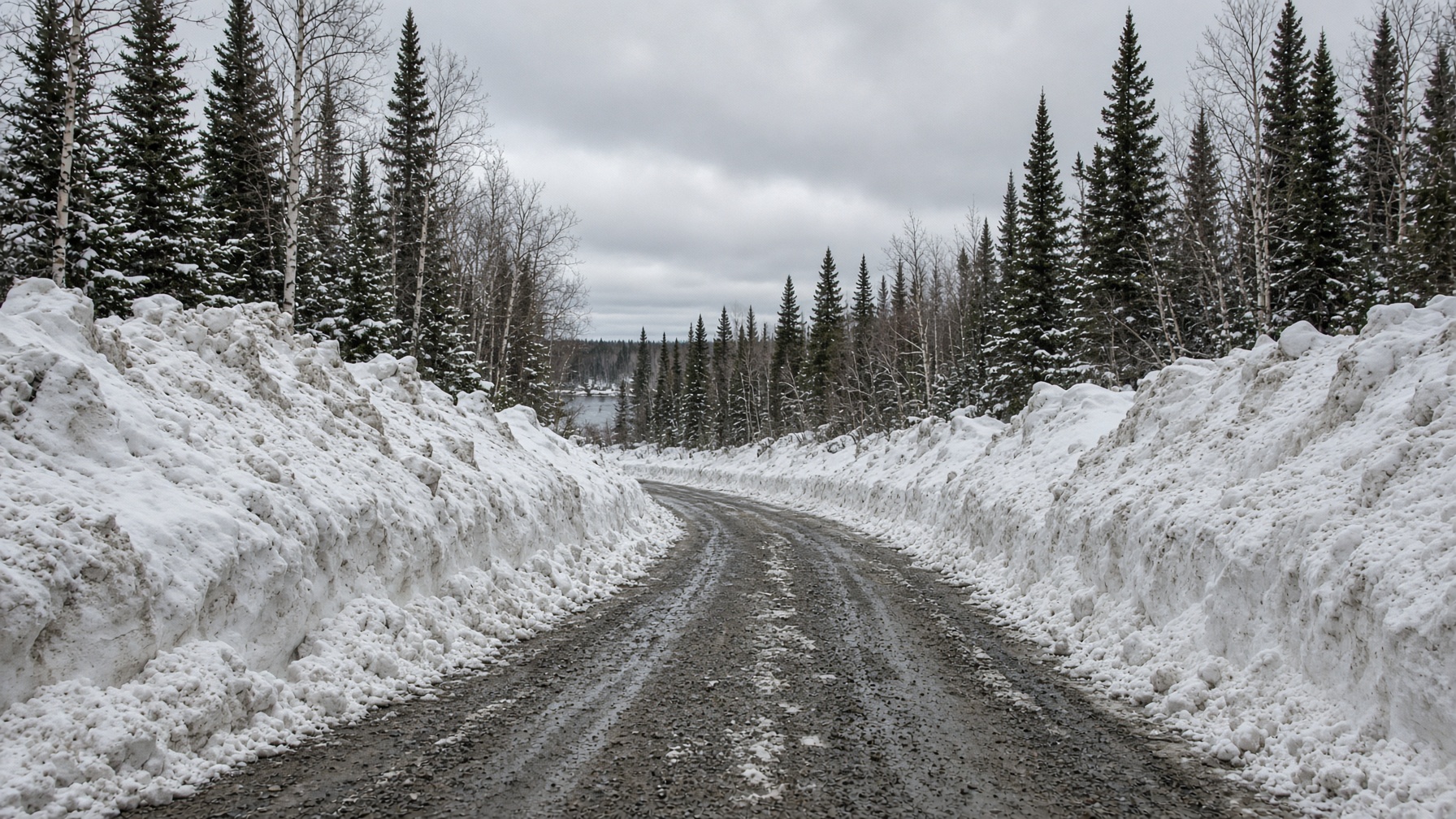 Giant plowed snow heaps along a rural Northern Ontario driveway